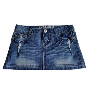 Vintage Hydraulic Distressed Denim Blue Jean Flap Pocket Micro Mini Skirt Sz 7/8